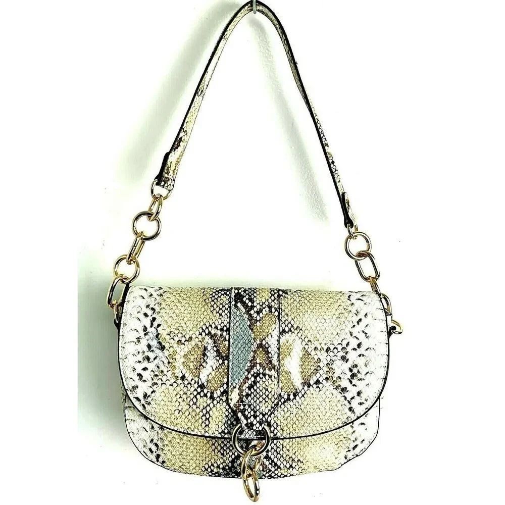 NEW JustFabย GRAY BEIGE SNAKE PRINT VEGAN LEATHER MEDIUM FLAPโSHOULDER BAGโPURSE